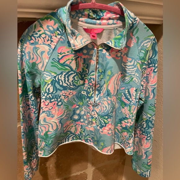 Lilly Pulitzer Ronan Crop Sweatshirt Aqua La Vista pickleball tennis active M - Picture 1 of 12